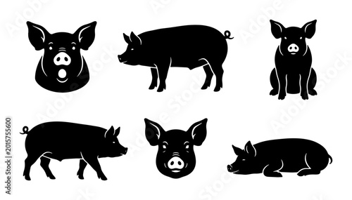 Photos Black Pig Silhouettes Vector Set: Farm Animal Icons, Livestock Illustrations, Sw