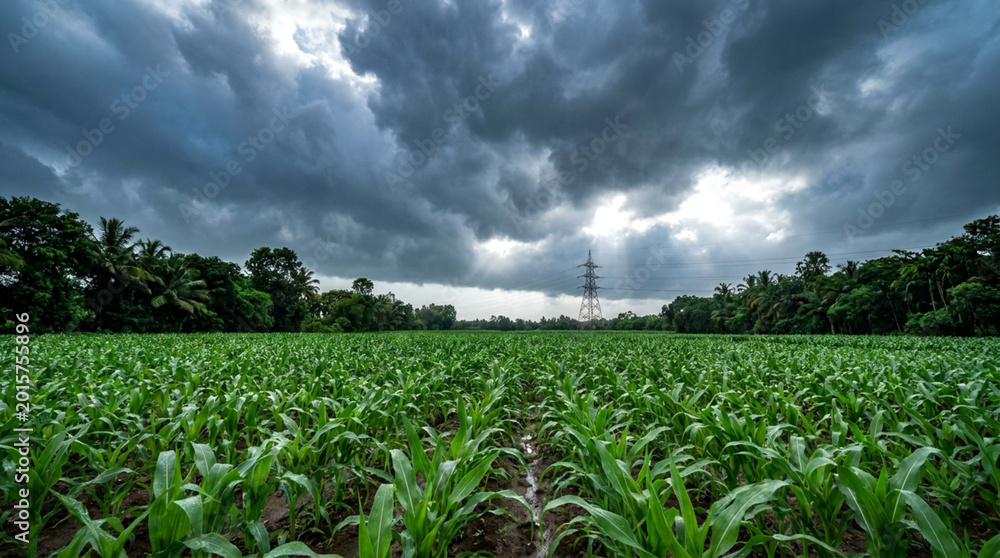 Fototapeta premium Lush green corn field under a dramatic stormy sky with dark clouds and sun rays breaking through in a rural landscape