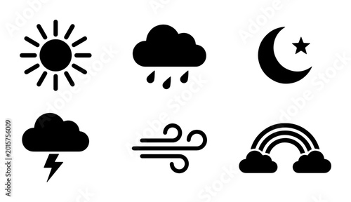 Quadro su tela Weather Icons Set: Sun, Rain Cloud, Moon Star, Lightning Storm, Wind, Rainbow