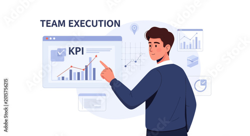 Business man analyzing KPI graph on screen, team execution concept
