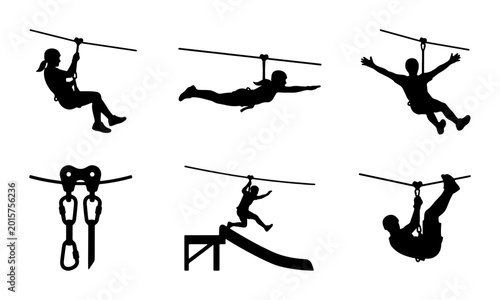 Tableau sur toile Zipline Adventure Silhouettes: Thrill-Seeking People in Action, Extreme Sports V