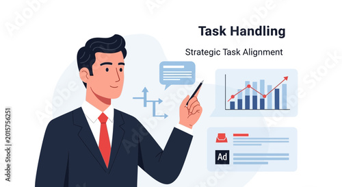 Business man planning tasks and strategy with charts and ads