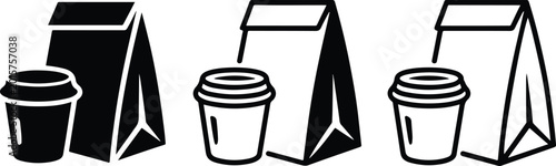 Bilde på lerret Professional Restaurant Branding, Catering Services, and E-commerce Assets, Black and White Stylized Illustrations of a Disposable Cup and Lunch Bag, vector, illustration, silhouette