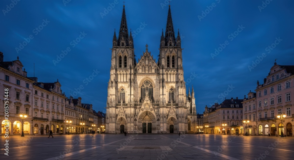 Fototapeta premium The historic Gothic cathedral stands tall in the city square at dusk surrounded by buildings and streets.