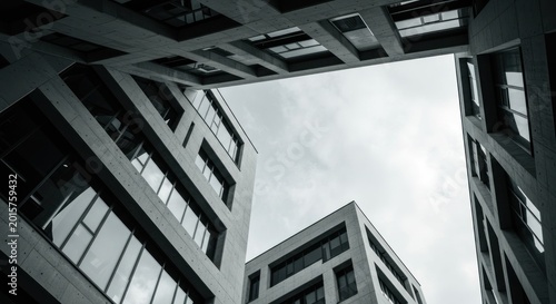 Looking up at modern buildings with glass windows and concrete structures under a cloudy sky