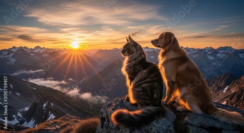 Majestic cat and dog sitting together on mountain peak at sunset with breathtaking view of snow capped mountains and serene landscape