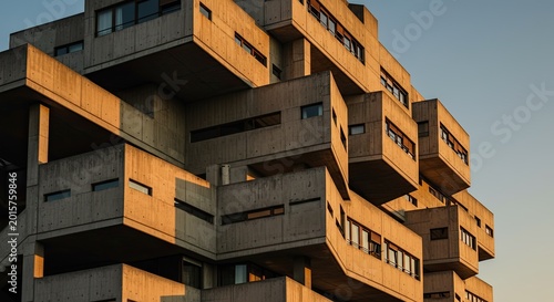 A close-up view of a modern, multi-story building with balconies and windows in the city during daytime.