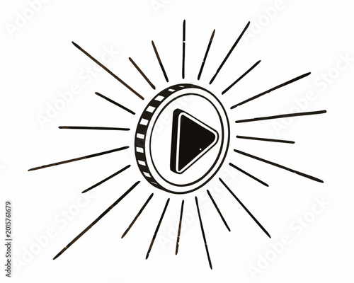 Abstract Video Play Button and Multimedia Streaming Illustration:
Minimalist black and white line art vector illustration of a 3D play button coin with radiating sunburst lines. Modern design concept 