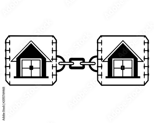 Minimalist black and white illustration of two houses connected by a metal chain link. Flat vector design representing home networking, property linkage, neighborhood community, and real estate connec