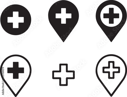 Black and white medical plus sign icons indicating hospitals, first aid, and healthcare locations
