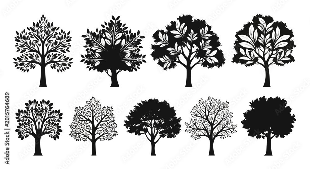 Fototapeta premium Collection of various tree silhouettes in black and white.