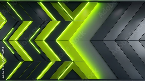 Futuristic neon green arrow background, 3D geometric chevron pattern with glowing light effects. Abstract high-tech metallic texture, dark gray industrial panels for gaming and tech design.