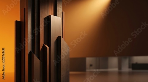 Minimalist architectural interior with geometric wood columns, modern abstract room design with warm orange lighting. Sophisticated wooden pillar structure in luxury contemporary lobby space.