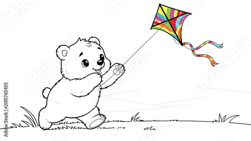Teddy bear playing with colorful kite.