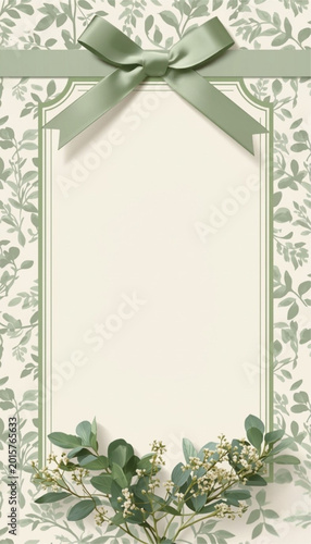 Elegant Sage Green Floral Frame Template with Silk Ribbon Bow and Botanical Pattern