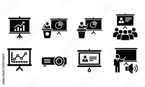 Set of 8 Business Presentation and Meeting Icons Vector. Simple Solid Black Glyph Style