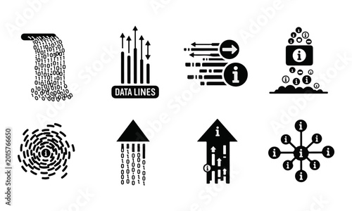 Set of black vector icons depicting data flow, information, and progress concepts