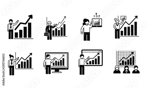 Collection of black vector icons showing business people presenting growth charts and data analysis.