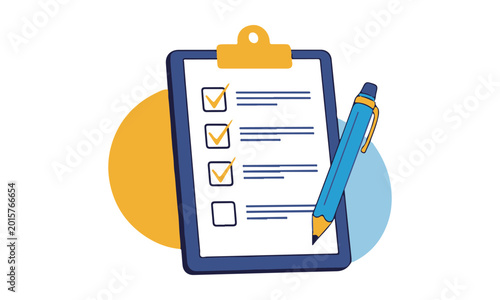 Flat design isolated illustration of blue clipboard checklist with orange check marks and pen.