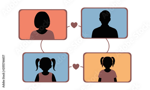 Minimalist Vector Illustration of Family Tree Chart with Parent and Child Silhouettes and Heart Connectors