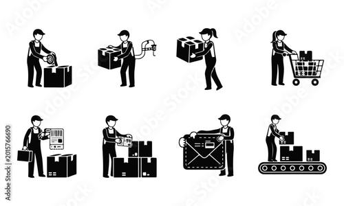 Black and White Shipping Logistics Delivery Process Icon Set Vector Illustration