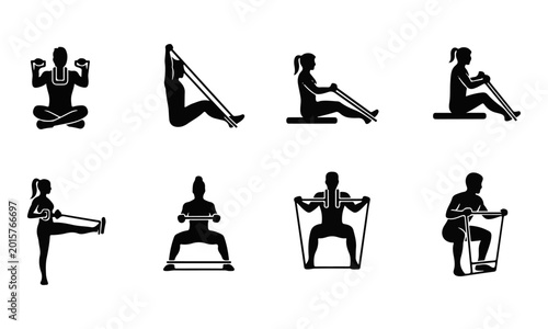 Set of black silhouette people performing resistance band exercises. Fitness workout vector icons collection.