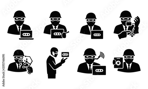 Cyber Security Hacker and Data Theft Black Vector Icon Set Collection
