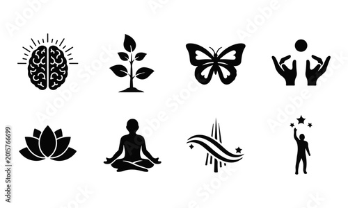 Vector set of mindfulness, wellness, and personal growth icons for meditation and well-being