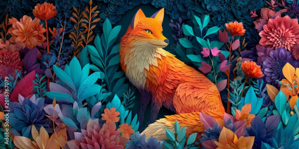 Naklejka premium Vibrant Fox in Colorful Floral Garden with Detailed Leaves and Flowers, Showcasing Nature's Beauty in a Lush, Illustrative Style