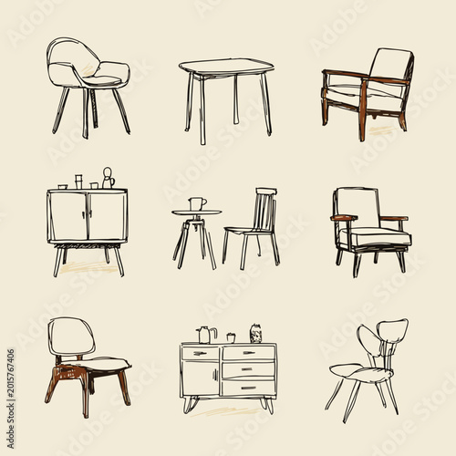 Mid century modern wooden furniture pieces.
