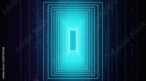 Futuristic neon tunnel with glowing blue geometric rectangles, abstract digital technology background with light portal, cyber space corridor for sci-fi gaming and high-tech data concepts.