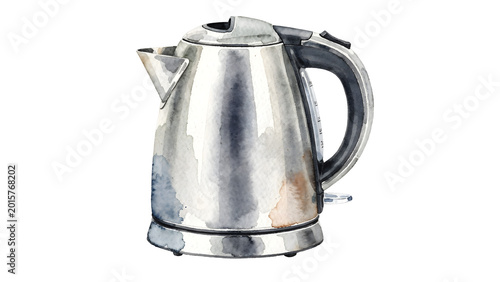 A beautifully rendered watercolor illustration of a modern stainless steel electric kettle, perfect for quickly heating water for tea, coffee, or instant meals