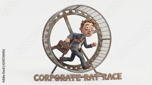 Humorous 3D render of businessman running in a giant hamster wheel rat race concept