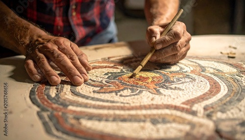 A skilled artisan works diligently on a colorful mosaic, applying detail with a brush