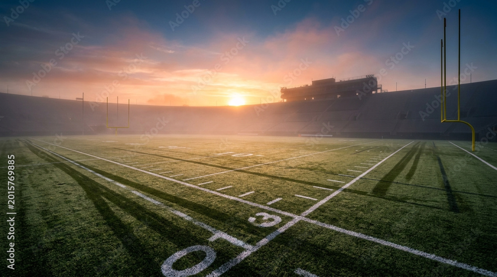 Fototapeta premium Empty American football stadium at sunrise with mist covering the green turf field and yellow goal posts under a hazy orange and blue sky with stadium seating in the background.