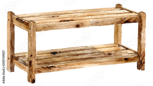 Charming hand-painted watercolor illustration of a rustic two-tier wooden shelf, a versatile furniture piece for home organization, adding natural warmth and minimalist style to any interior space