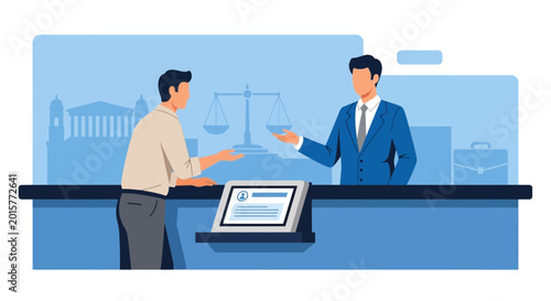Lawyer assisting client at desk with legal scales and courthouse