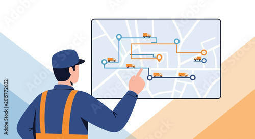 Logistics Manager Planning Delivery Routes on Digital Map with Trucks