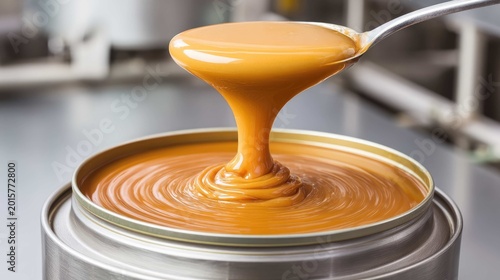 Smooth and Creamy Caramel Sauce Flowing from Spoon into Metal Can, Capturing Delicious Texture and Rich Color