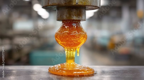 Close-Up of Molten Material Flowing Under Hydraulic Press in Industrial Setting for Manufacturing Processes