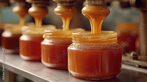 Jar of golden honey being filled in a production facility with a focus on the pouring process and industry machinery