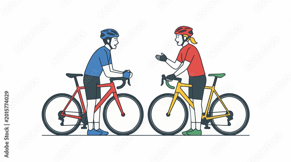 Obraz premium Cyclists Discussing Plans While Leaning on Their Bikes.