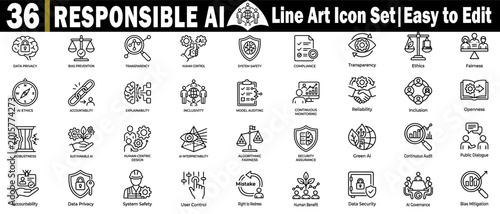 Bild auf Leinwand Responsible ai line art icon set for ethical artificial intelligence systems