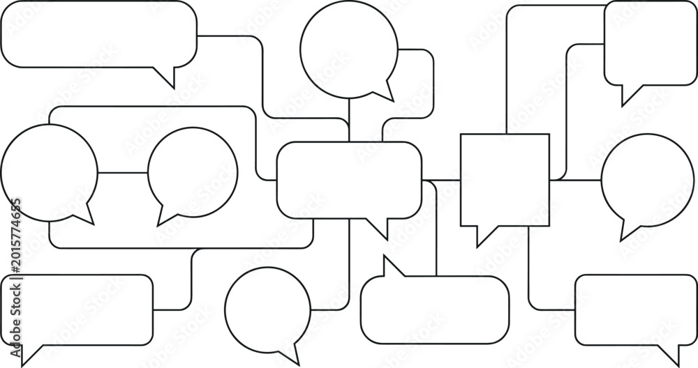 Fototapeta premium Collection of connected empty speech bubbles, thought balloons and shapes forming a network for ideas, communication, planning and organization in abstract vector illustration on checkered background.