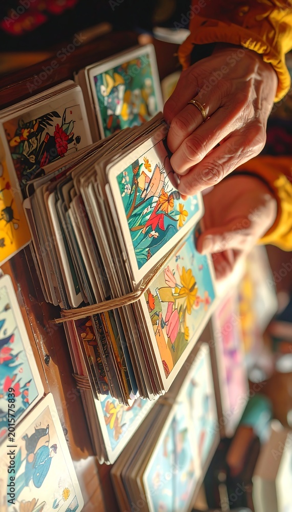 Fototapeta premium A person handles colorful postcards on a table