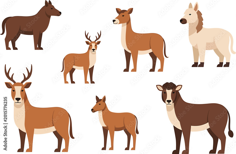 Obraz premium Brown Deer, Antelope, and Cow Standing on White Background