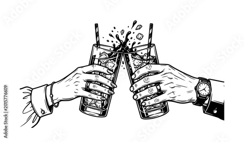 Cuadro en lienzo Hands clinking beverage glasses black and white vector illustration celebration