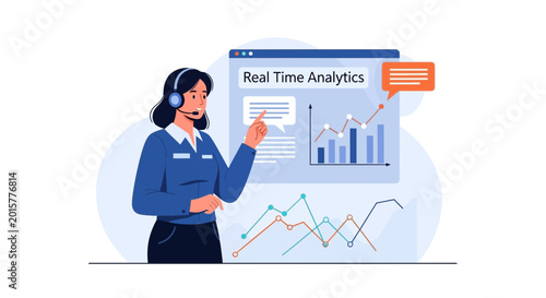 Customer service agent pointing at real-time analytics chart, data visualization hub