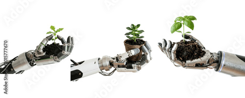 Canvastavla a set of robotic hands nurturing green seedlings PNG banner for eco friendly AI,