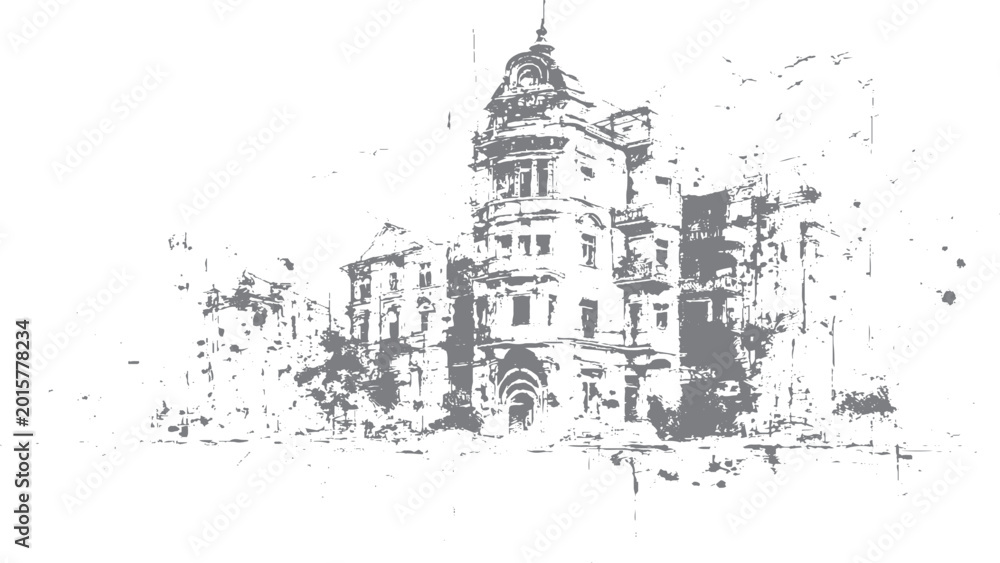 Fototapeta premium Abstract architecture panorama with black and white sketch art Urban vector background with distressed cityscape detail